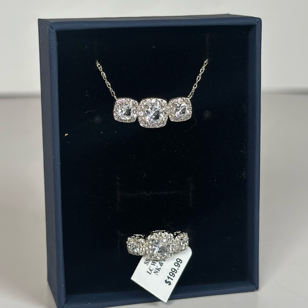 $400 MSRP Sterling Silver White Saphire Three-Stone Necklace and Ring Set